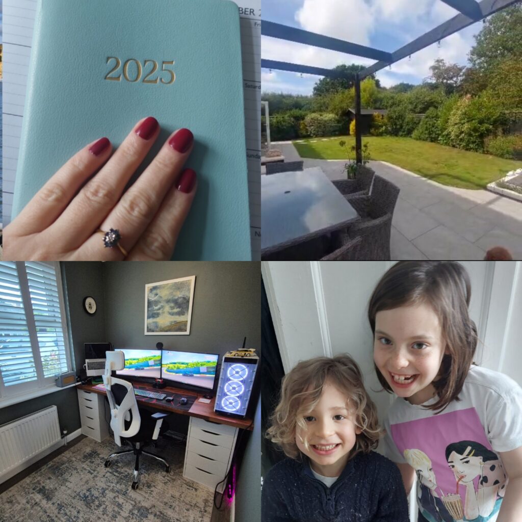 A collage of four images: 1) a manicured hand holding a 2025 diary, 2) a green and sunny garden, viewed from a home office window, 3) a home desk set-up with three monitors, 4) two young children smiling into the camera