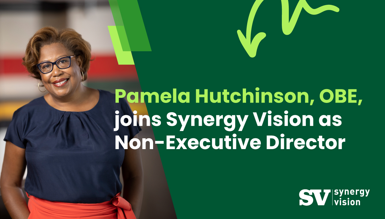 A headshot of a woman in professional clothing alongside the text "Pamela Hutchinson, OBE joins Synergy Vision as Non-Executive Director" on a dark green background